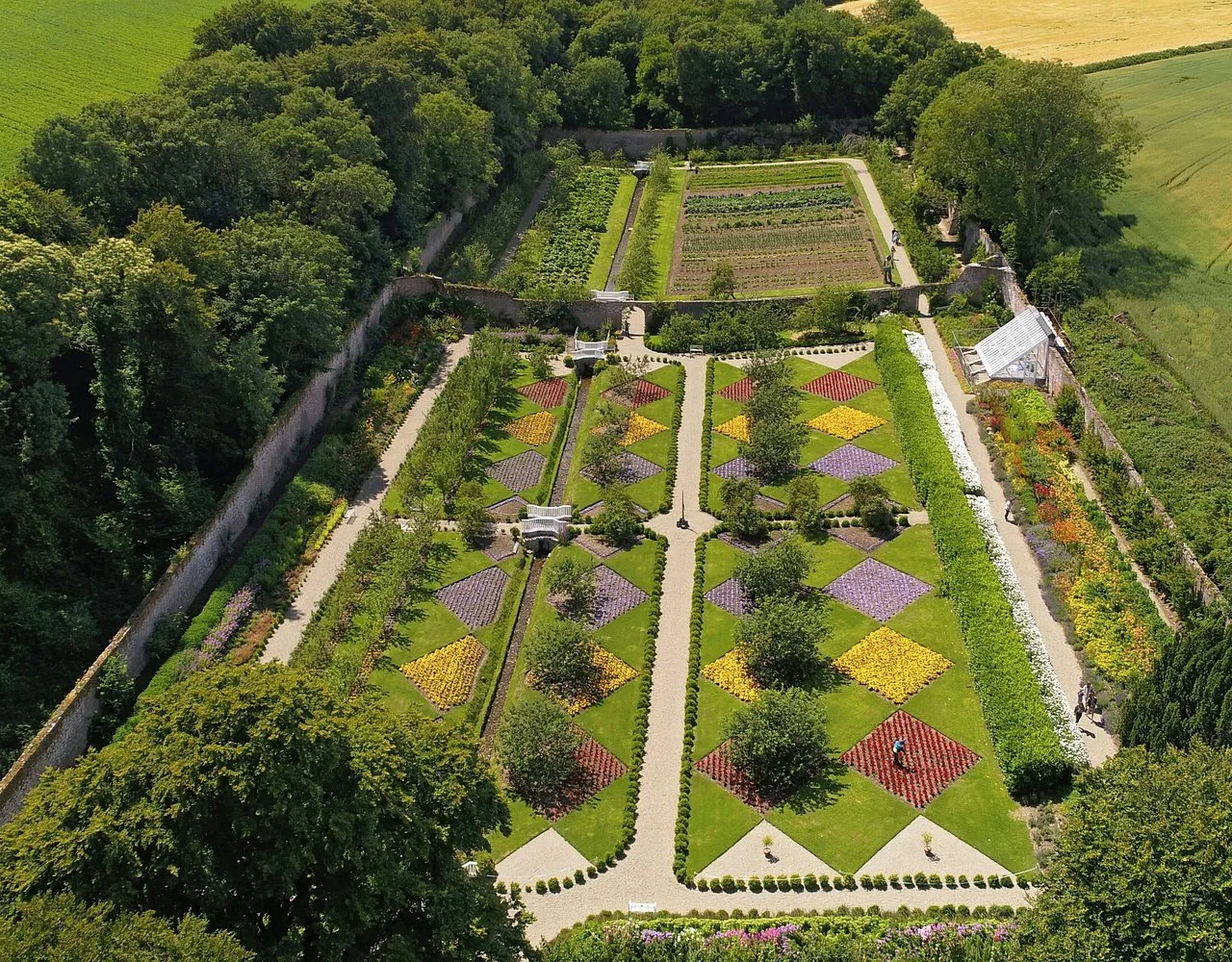An aerial view of the Colclough Walled Garden, its formal beds laid out in geometric patterns inside high brick walls.